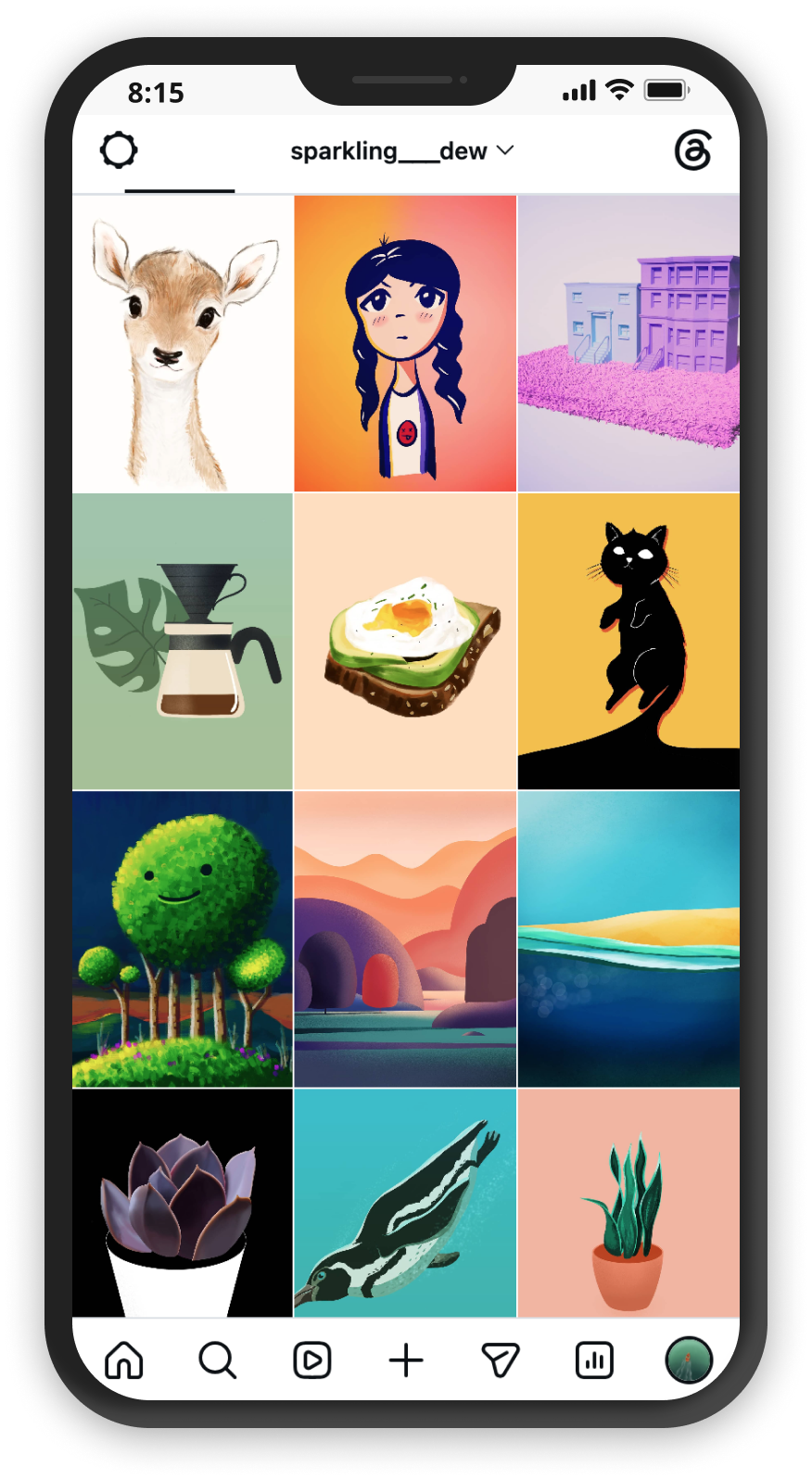 A phone showing an Instagram grid of Lulu's illustrations, sketches and 3D renders.